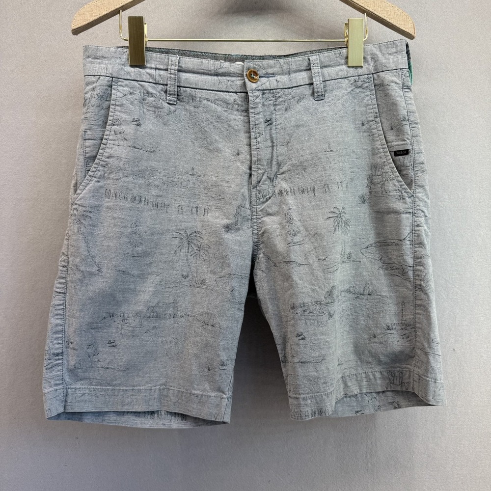 Vissla Men's Walk Shorts 33 Grey Scenic Toile Palm Tree Cotton Stretch Chino‎